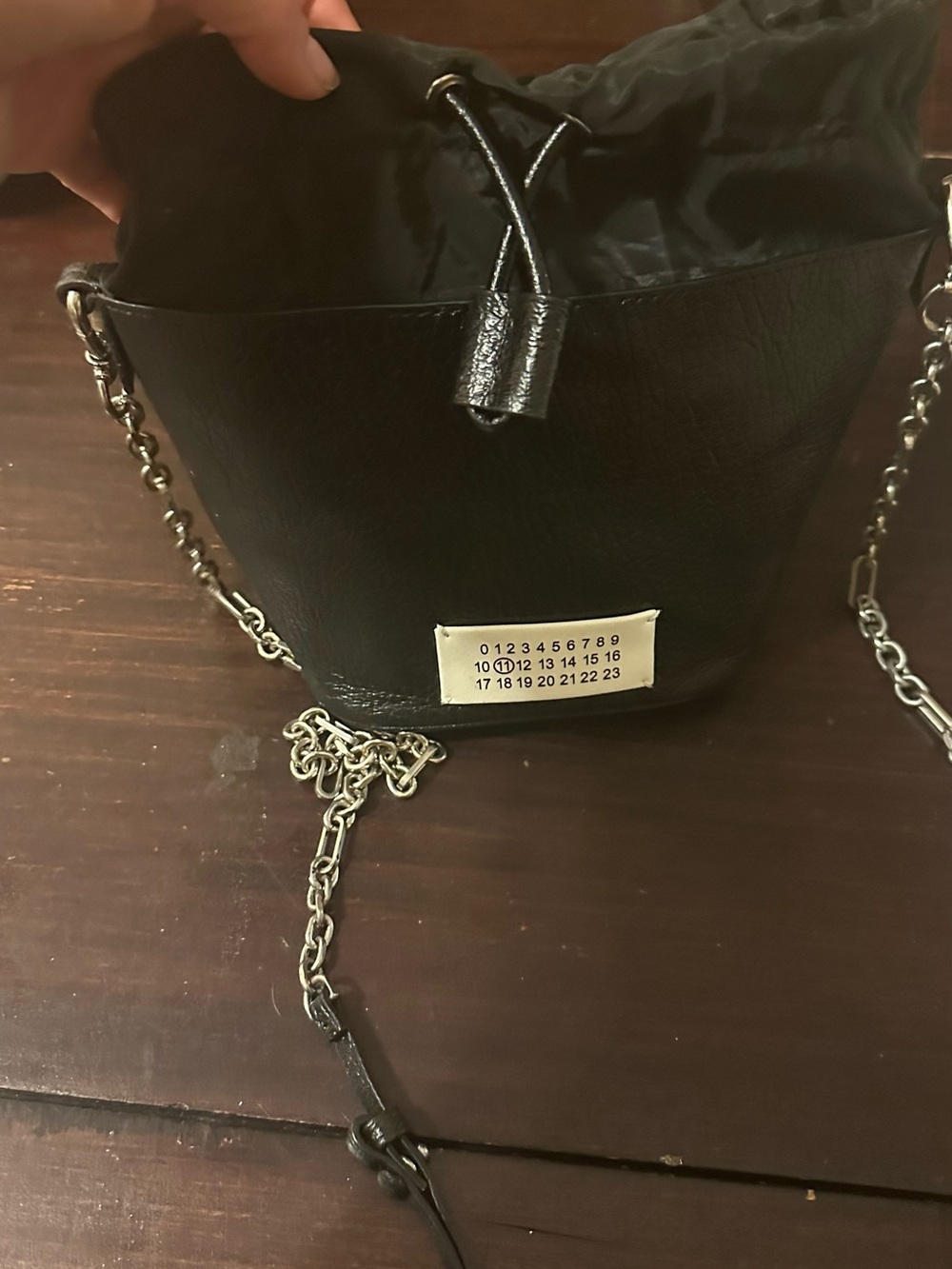 Maison Martin Margiela Black Pebbled Leather Mini Bucket Bag with Silver Chain - Picture 6 of 7